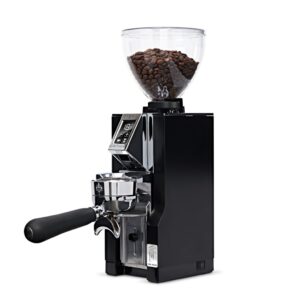 Mühle Eureka Mignon Libra 65 all purpose Schwarz Front/Seitansicht mit Siebträgerhalter