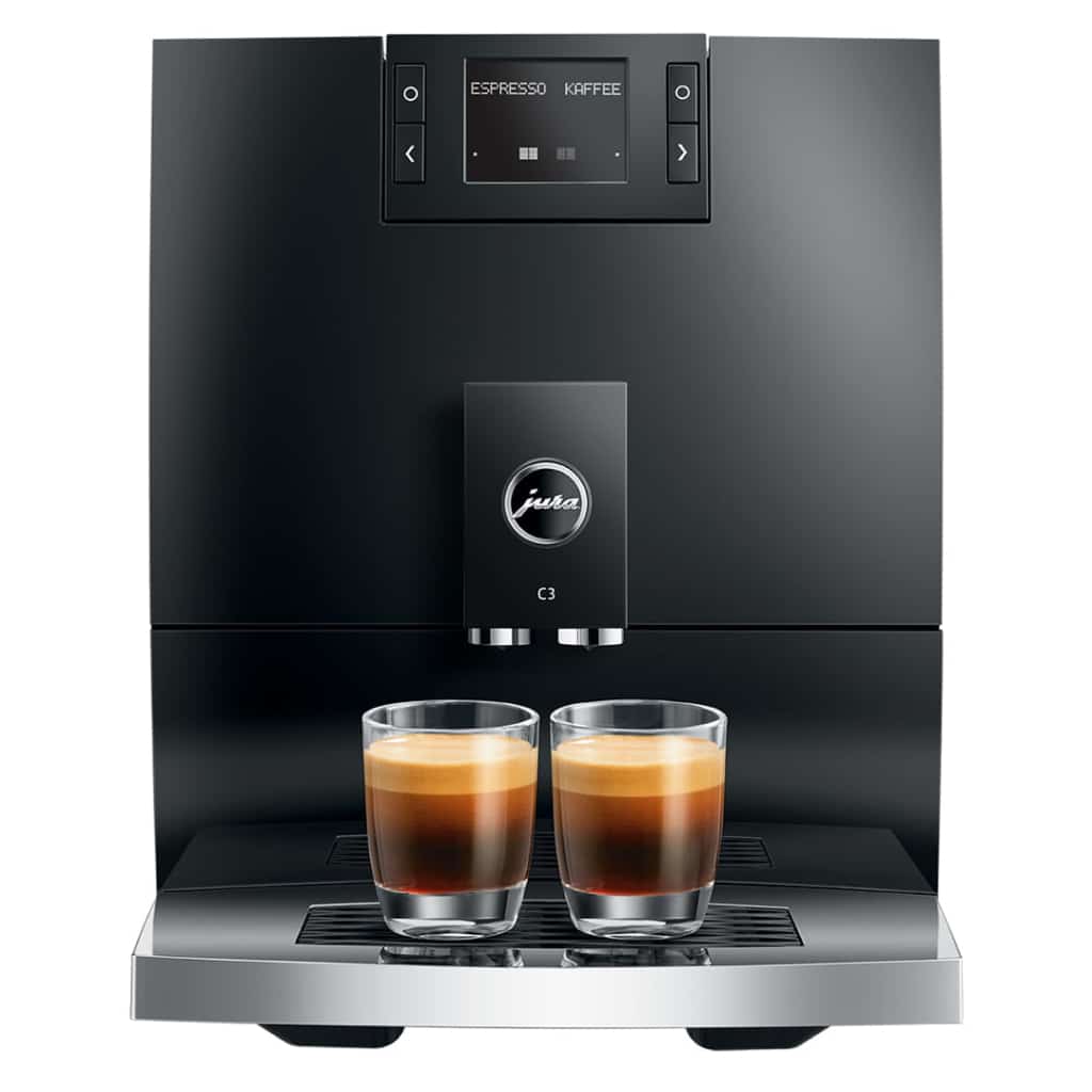 Kaffeevollautomat Jura C3 Pianoblack Frontansicht mit 2 vollen Dekogläsern