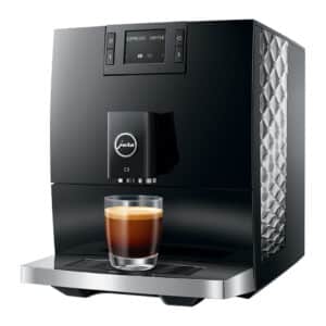 Kaffeevollautomat Jura C3 Pianoblack Front/Seitansicht mit vollem Dekoglas